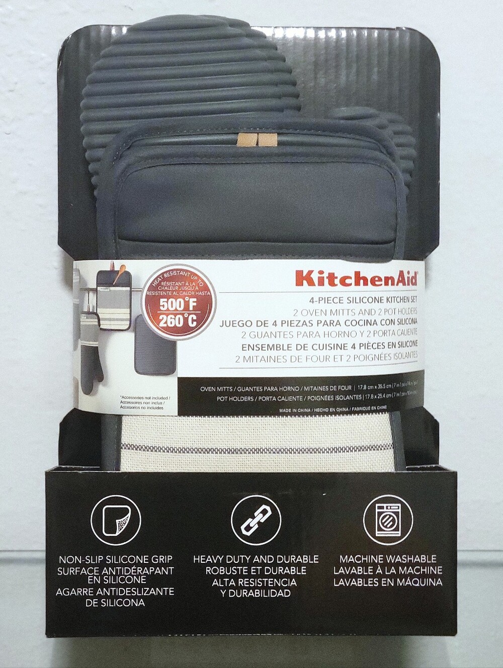KitchenAid Gray Silicone Oven Mitts and Pot Holders - 4 Piece Set